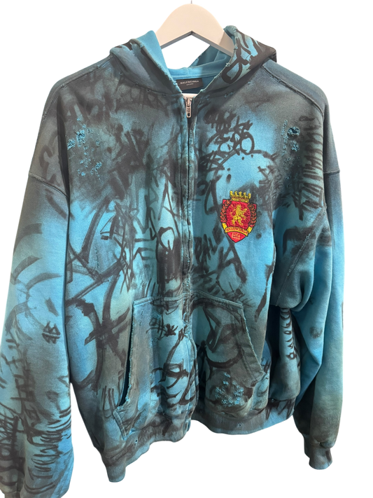 Balenciaga Distressed Graffiti Skater Zip Up Hoodie